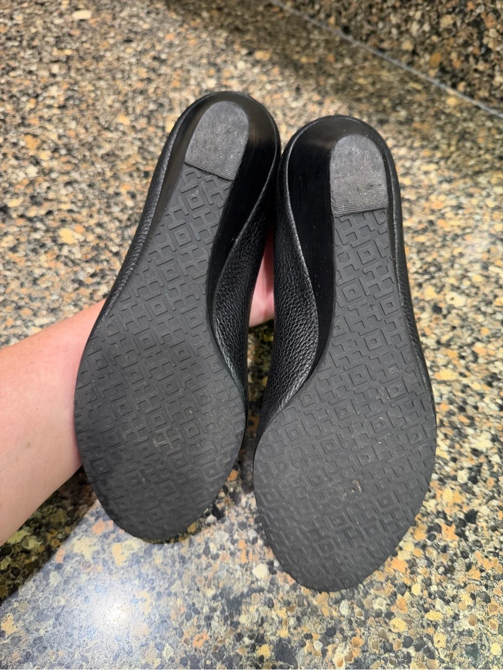 Tory Burch Black Leather Peep-Toe Heels with Silver Logo Medallions 7.5
